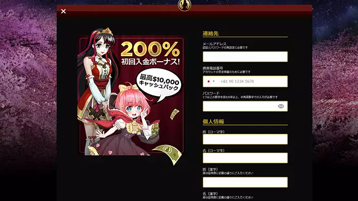 ライブカジノハウスの登録方法:情報入力画面①