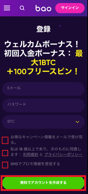 バオカジノの登録方法の画像