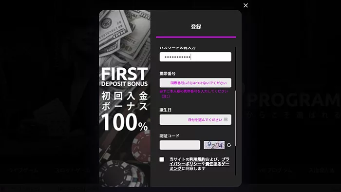ワンダーカジノの登録方法:情報入力画面②