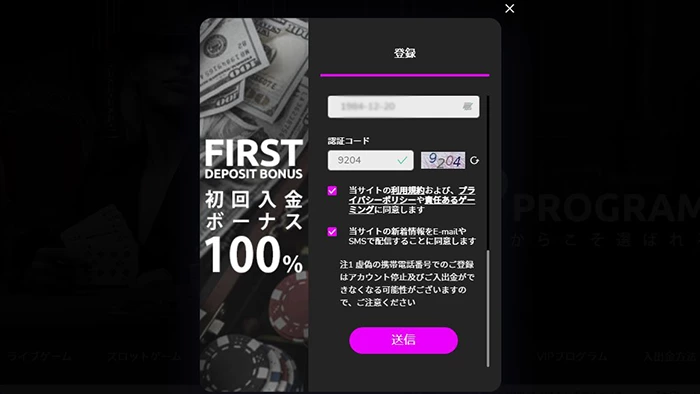 ワンダーカジノの登録方法:情報入力画面③
