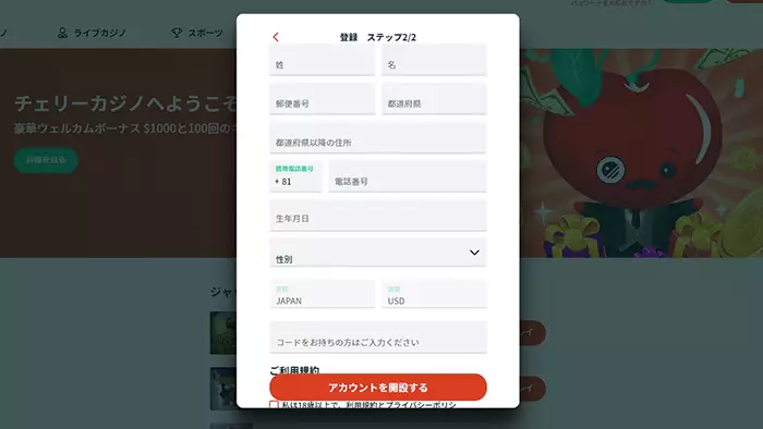 チェリーカジノの登録方法：情報入力画面