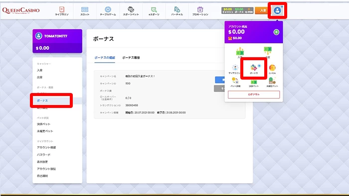 クイーンカジノの入金不要ボーナスの貰い方：ボーナスの確認