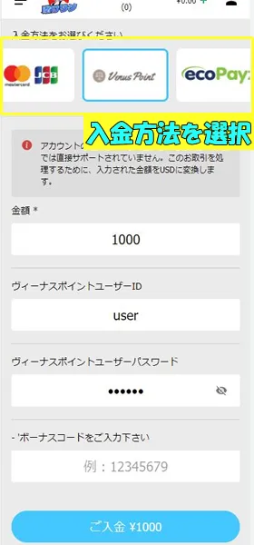 賭けっ子リンリンの入金手順③