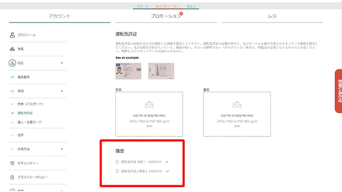 TEDBETの入金不要ボーナス申請方法:書類認証完了