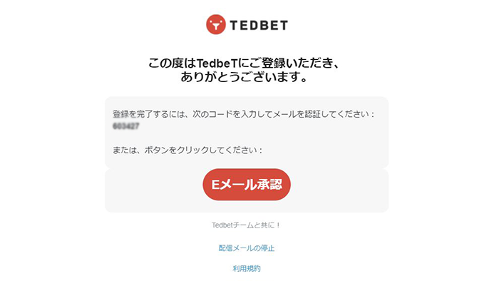 TEDBETの入金不要ボーナス付き登録方法：認証メールを確認