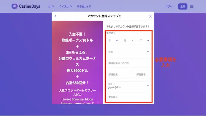 カジノデイズへの新規登録方法:情報入力画面②