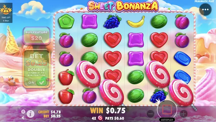 カジノデイズの入金不要ボーナスで「Sweet bonanza」のボーナスゲームゲット