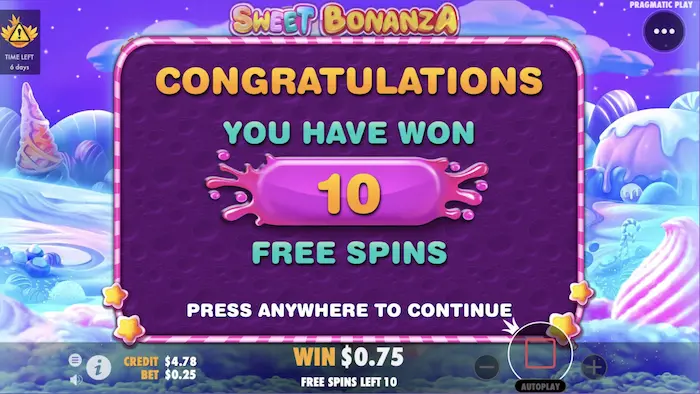 カジノデイズの入金不要ボーナスで「Sweet bonanza」のボーナスゲームスタート
