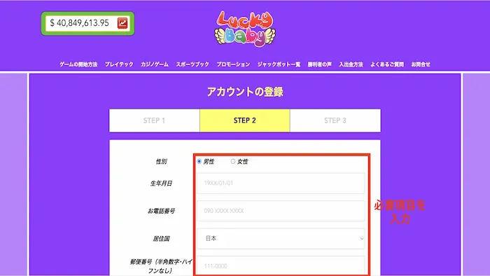 ラッキーベイビーカジノへの新規登録方法：ステップ２