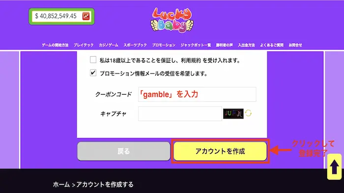 ラッキーベイビーカジノへの新規登録方法：ステップ３完了・登録完了