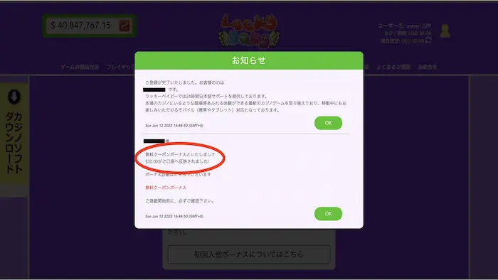 ラッキーベイビーカジノの入金不要ボーナスの受け取り方：受け取り完了ポップアップ