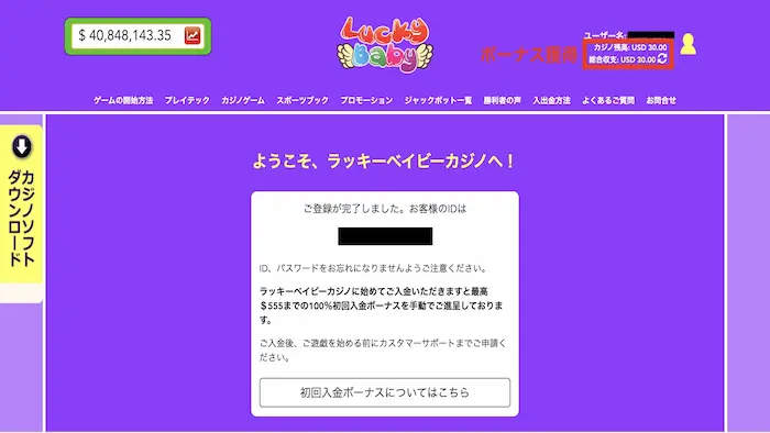 ラッキーベイビーカジノの入金不要ボーナスの受け取り方：入金不要ボーナス反映