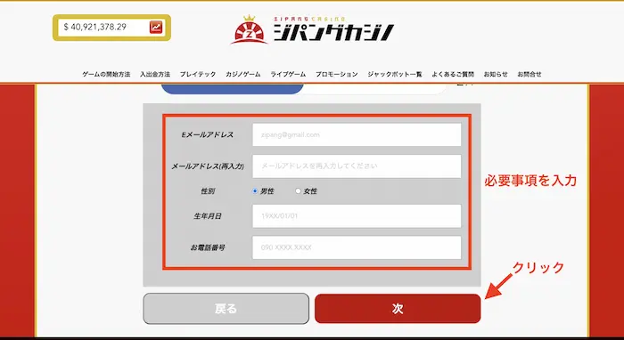 ジパングカジノ登録方法：登録画面③