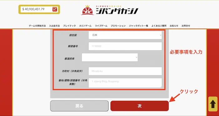 ジパングカジノ登録方法：登録画面④