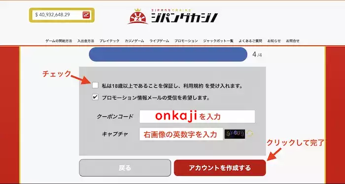 ジパングカジノ登録方法：クーポンコード入力画面