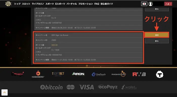 カジノカジノの入金不要ボーナスの受取方法：有効化