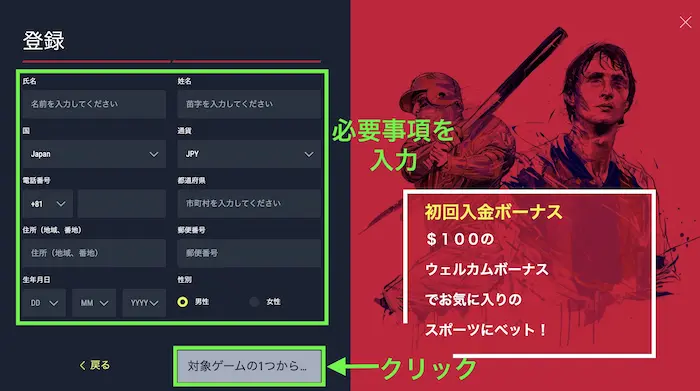 ラボナカジノのユーザー情報入力画面