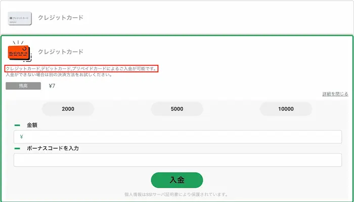 カジノレオのクレジットカード入金画面