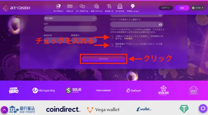 エースカジノの登録画面