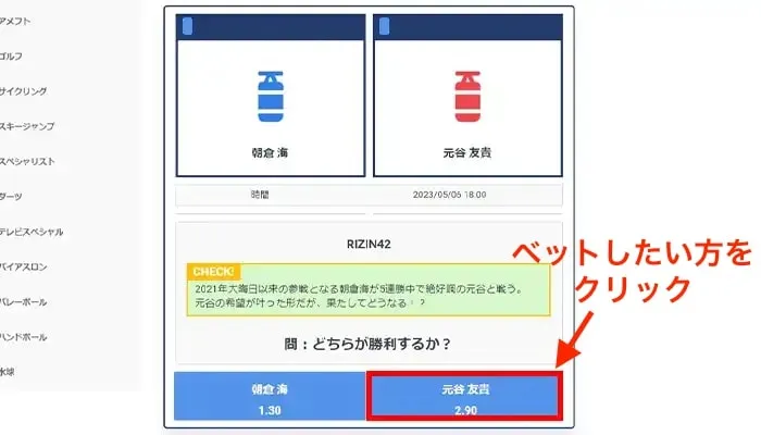 BeeBetでのRIZINのオッズ画面
