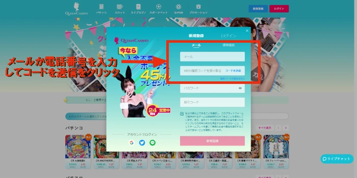 新クイーンカジノ(シン・クイーンカジノ)の登録画面：登録画面