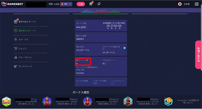 最大ベット額は上限なし