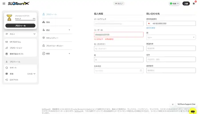 スロットツアーズプロフィール画面